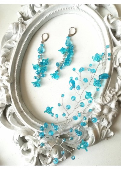 Стилен комплект украса за прическа и обици от кристали цвят тюркоаз серия Blue Bell by Rosie